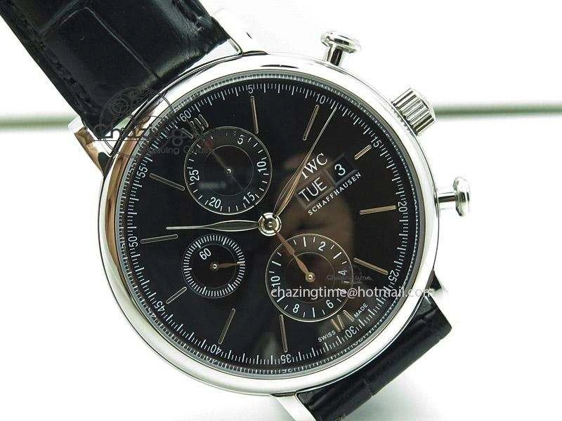 Portofino Chrono SS Black Dial on Black Leather Strap A7750