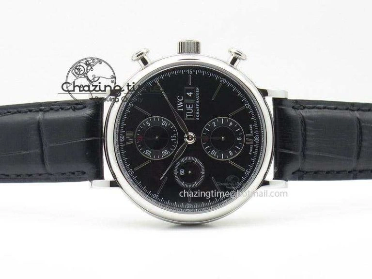 Portofino Chrono SS Black Dial on Black Leather Strap A7750