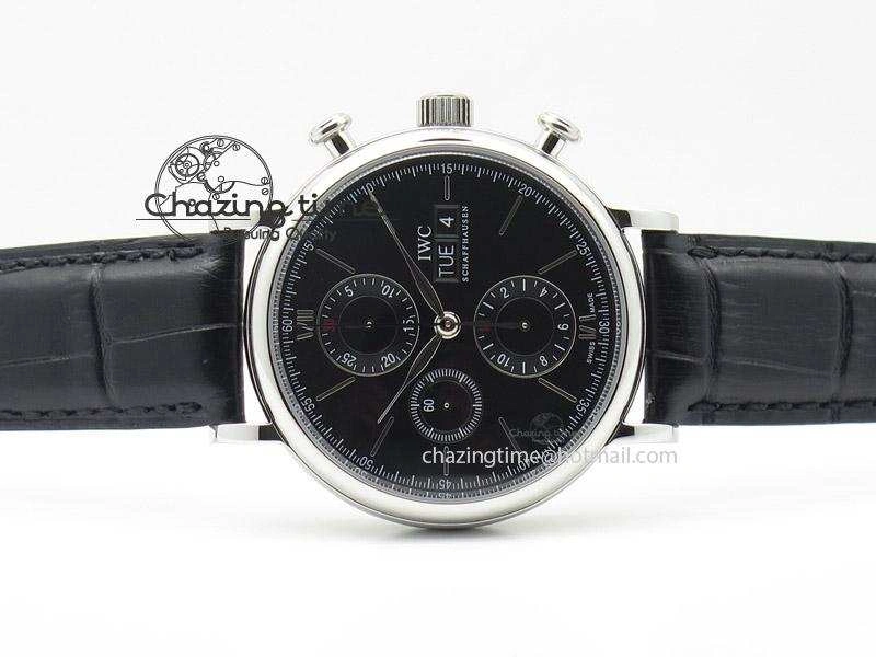 Portofino Chrono SS Black Dial on Black Leather Strap A7750