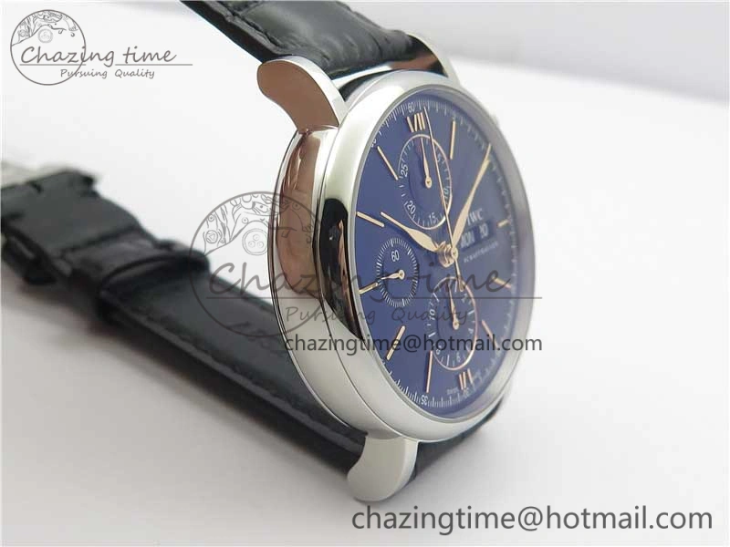 Portofino Chrono SS ZF 1:1 Best Edition Blue Dial Gold Markers on Black Leather Strap A7750
