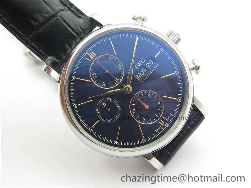 Portofino Chrono SS ZF 1:1 Best Edition Blue Dial Gold Markers on Black Leather Strap A7750