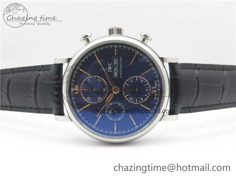 Portofino Chrono SS ZF 1:1 Best Edition Blue Dial Gold Markers on Black Leather Strap A7750
