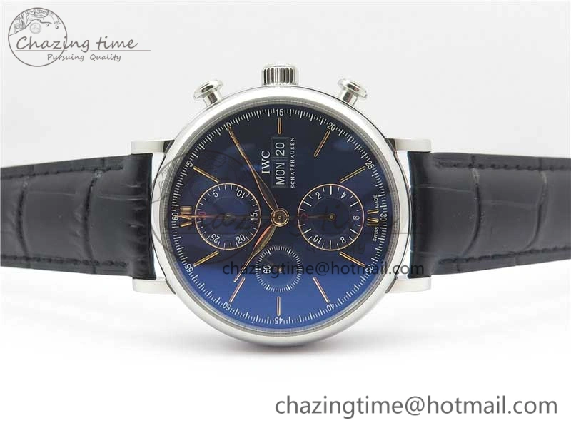 Portofino Chrono SS ZF 1:1 Best Edition Blue Dial Gold Markers on Black Leather Strap A7750