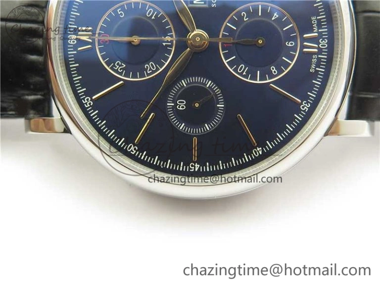 Portofino Chrono SS ZF 1:1 Best Edition Blue Dial Gold Markers on Black Leather Strap A7750