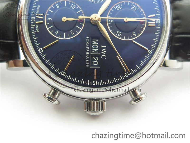 Portofino Chrono SS ZF 1:1 Best Edition Blue Dial Gold Markers on Black Leather Strap A7750