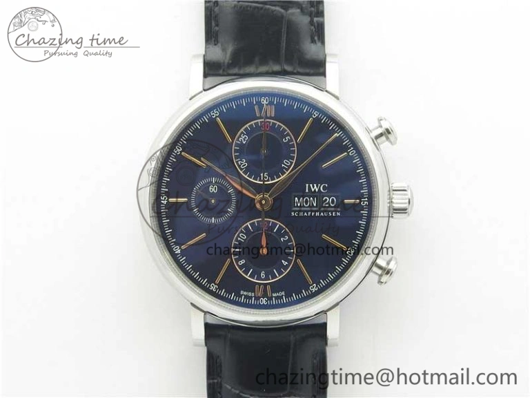 Portofino Chrono SS ZF 1:1 Best Edition Blue Dial Gold Markers on Black Leather Strap A7750