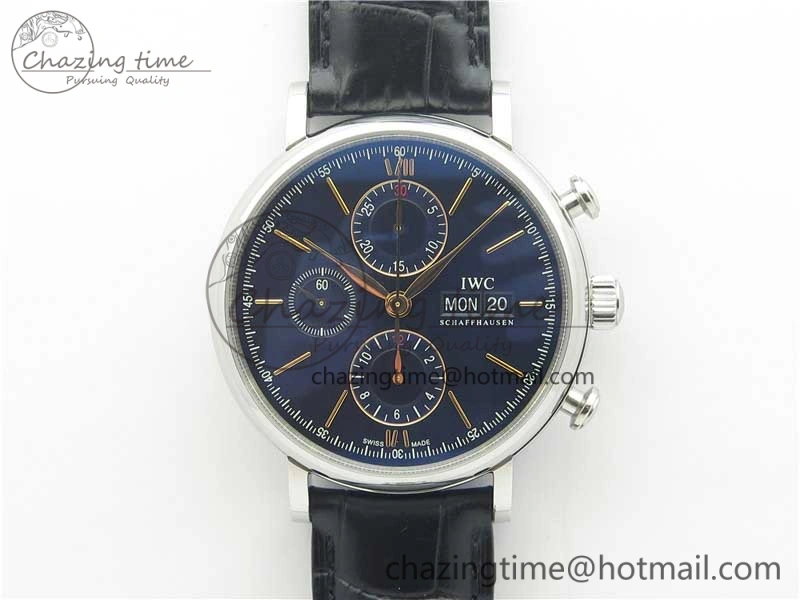 Portofino Chrono SS ZF 1:1 Best Edition Blue Dial Gold Markers on Black Leather Strap A7750