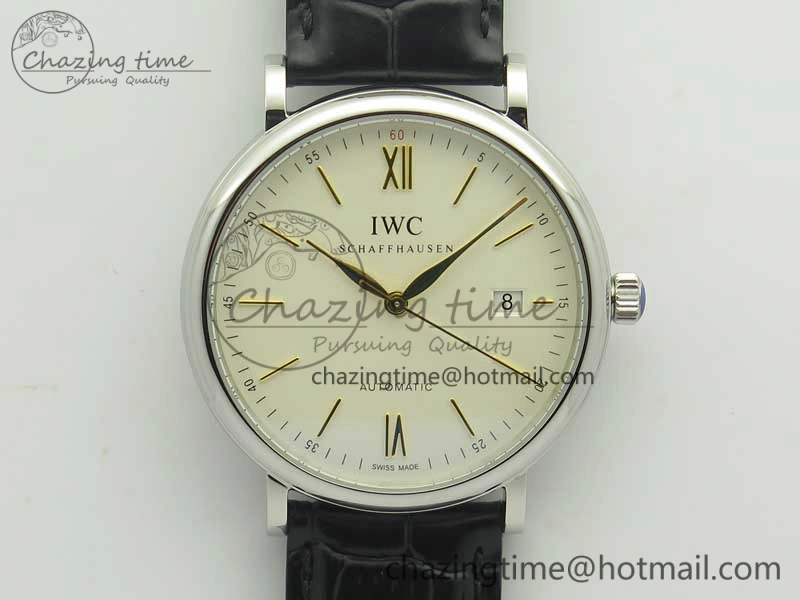 Portofino IW356501 SS V3 MK 1:1 Best Edition White Dial Gold Markers On Black Leather Strap MIYOTA 9015