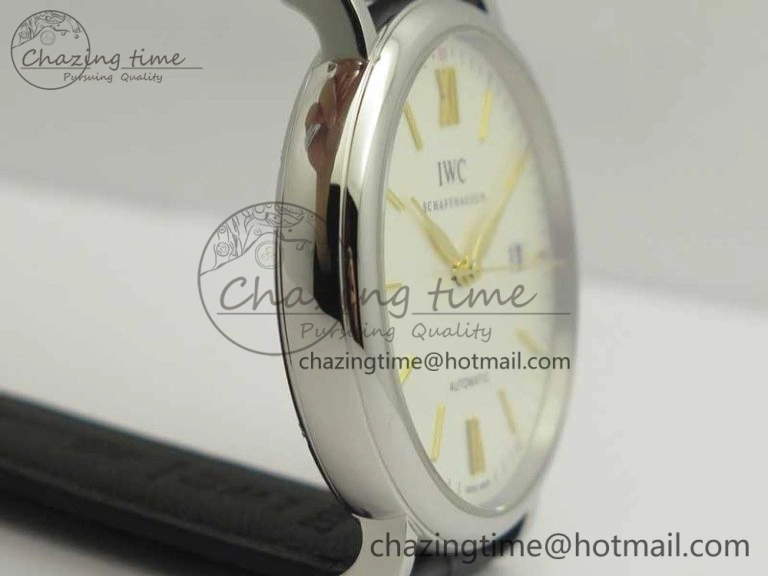 Portofino IW356501 SS V3 MK 1:1 Best Edition White Dial Gold Markers On Black Leather Strap MIYOTA 9015