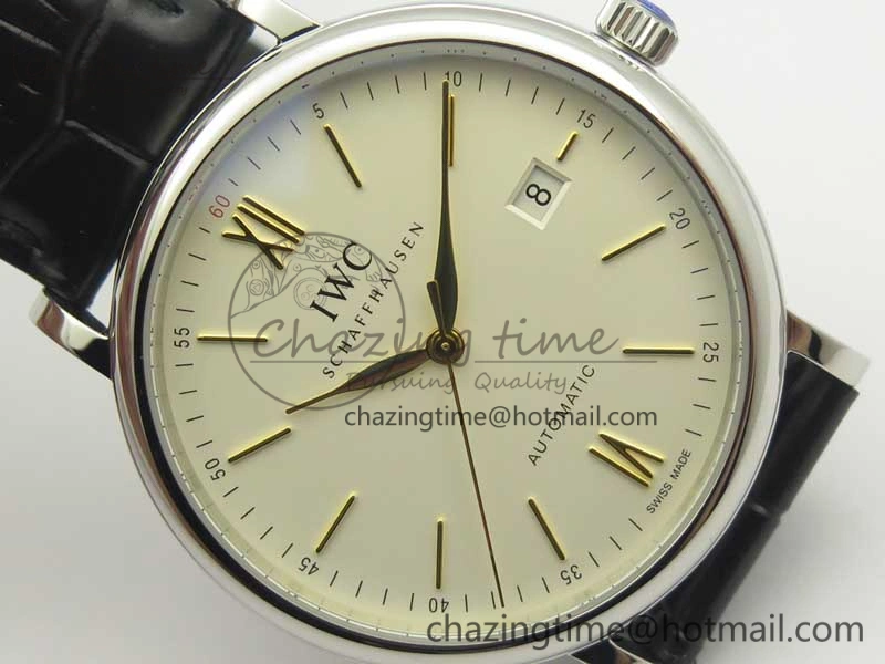 Portofino IW356501 SS V3 MK 1:1 Best Edition White Dial Gold Markers On Black Leather Strap MIYOTA 9015