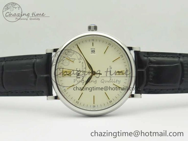 Portofino IW356501 SS V3 MK 1:1 Best Edition White Dial Gold Markers On Black Leather Strap MIYOTA 9015