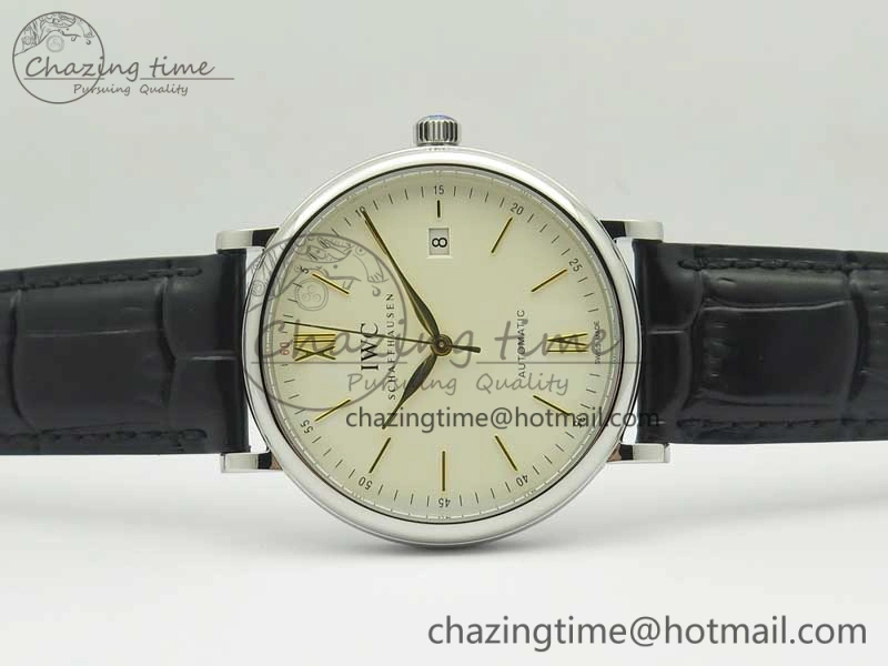 Portofino IW356501 SS V3 MK 1:1 Best Edition White Dial Gold Markers On Black Leather Strap MIYOTA 9015