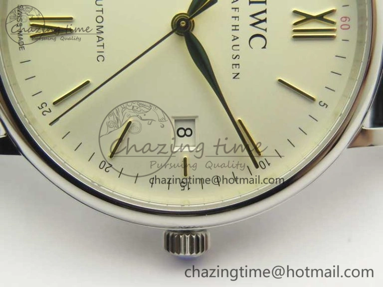Portofino IW356501 SS V3 MK 1:1 Best Edition White Dial Gold Markers On Black Leather Strap MIYOTA 9015