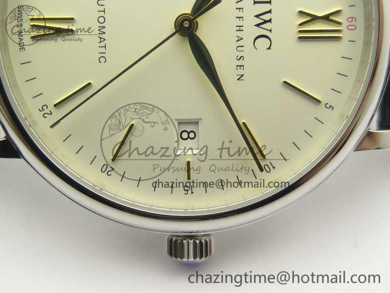 Portofino IW356501 SS V3 MK 1:1 Best Edition White Dial Gold Markers On Black Leather Strap MIYOTA 9015