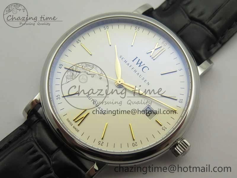 Portofino IW356501 SS V3 MK 1:1 Best Edition White Dial Gold Markers On Black Leather Strap MIYOTA 9015