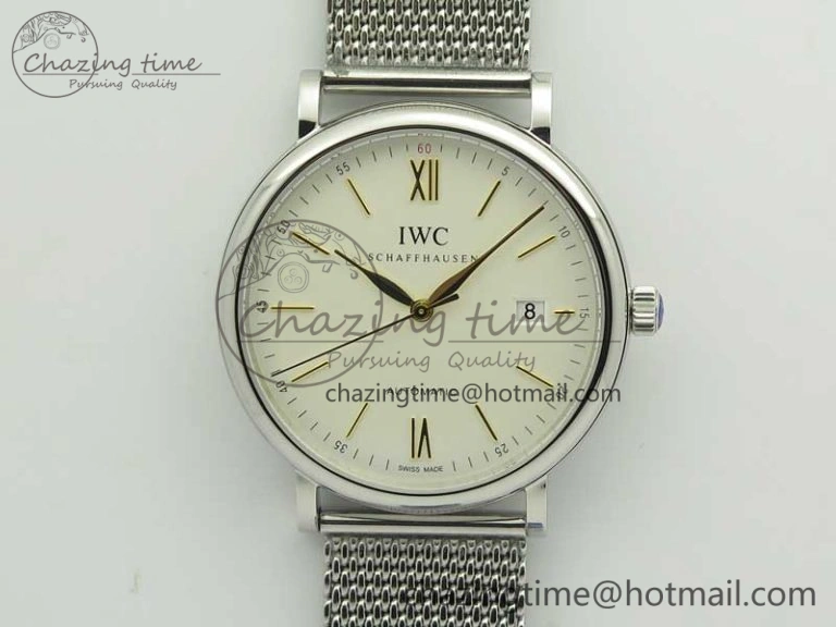 Portofino IW356501 SS V3 MK 1:1 Best Edition White Dial Gold Markers On SS Mesh Bracelet MIYOTA 9015
