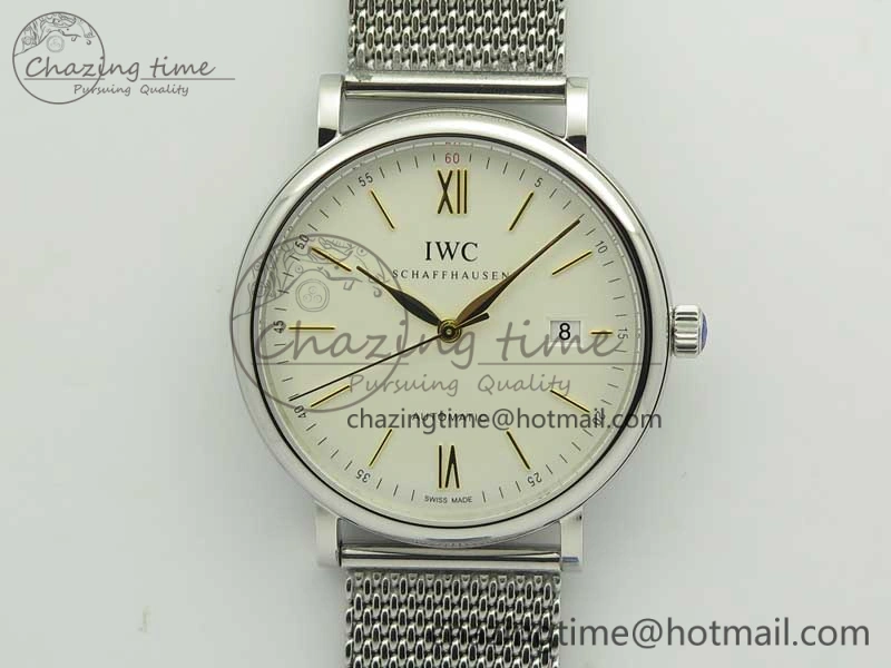 Portofino IW356501 SS V3 MK 1:1 Best Edition White Dial Gold Markers On SS Mesh Bracelet MIYOTA 9015