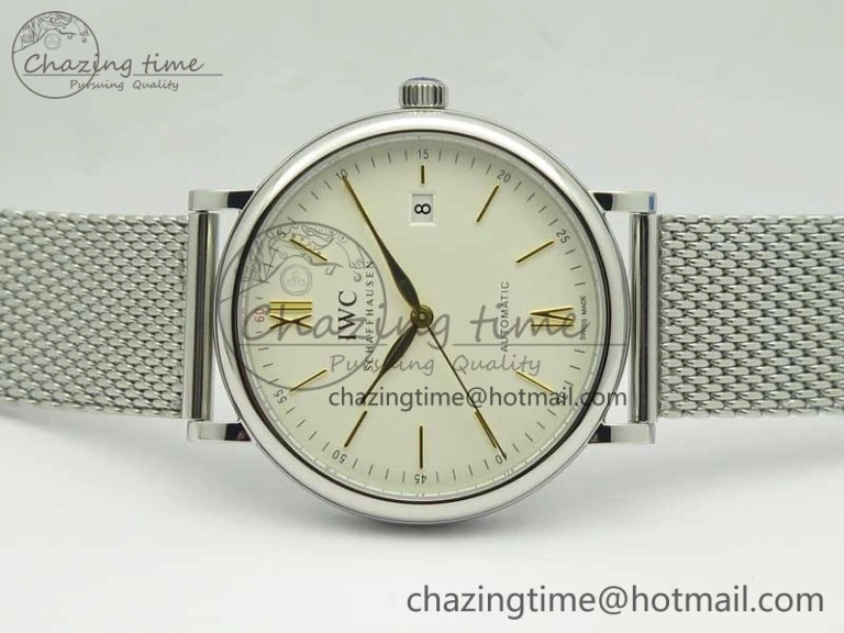 Portofino IW356501 SS V3 MK 1:1 Best Edition White Dial Gold Markers On SS Mesh Bracelet MIYOTA 9015