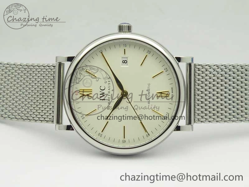 Portofino IW356501 SS V3 MK 1:1 Best Edition White Dial Gold Markers On SS Mesh Bracelet MIYOTA 9015