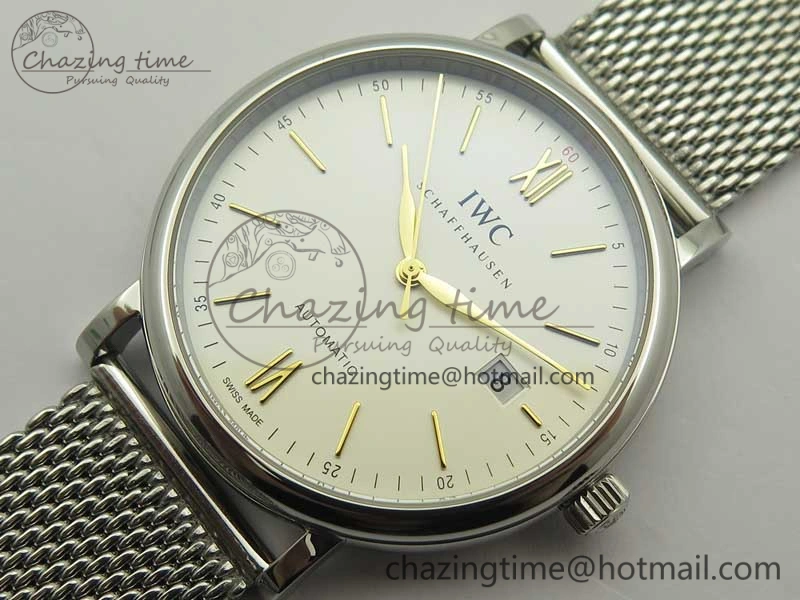 Portofino IW356501 SS V3 MK 1:1 Best Edition White Dial Gold Markers On SS Mesh Bracelet MIYOTA 9015