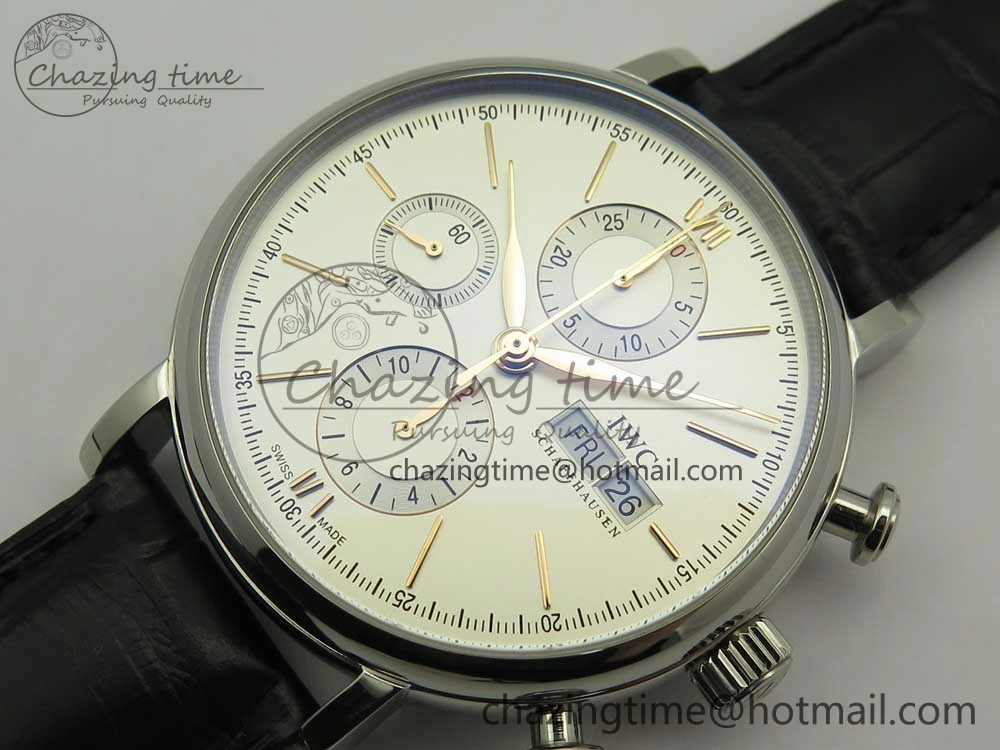 Portofino IW391022 SS ZK 1:1 Best Edition White Dial Gold Markers On Black Leather Strap A7750
