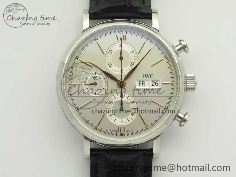 Portofino IW391022 SS ZK 1:1 Best Edition White Dial Gold Markers On Black Leather Strap A7750