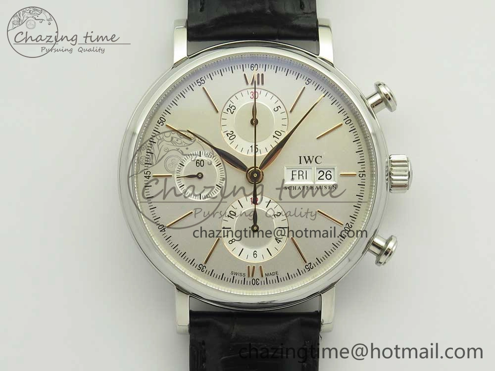 Portofino IW391022 SS ZK 1:1 Best Edition White Dial Gold Markers On Black Leather Strap A7750