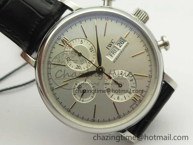 Portofino IW391022 SS ZK 1:1 Best Edition White Dial Gold Markers On Black Leather Strap A7750