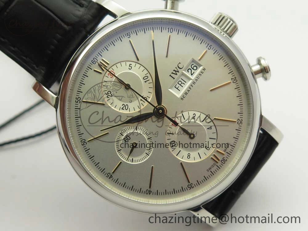Portofino IW391022 SS ZK 1:1 Best Edition White Dial Gold Markers On Black Leather Strap A7750