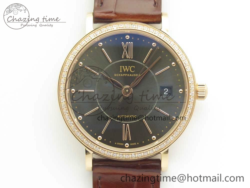 Portofino IW458101 Diamond Bezel RG MK 1:1 Best Edition Gray Dial On Brown Leather Strap MIYOTA 9015