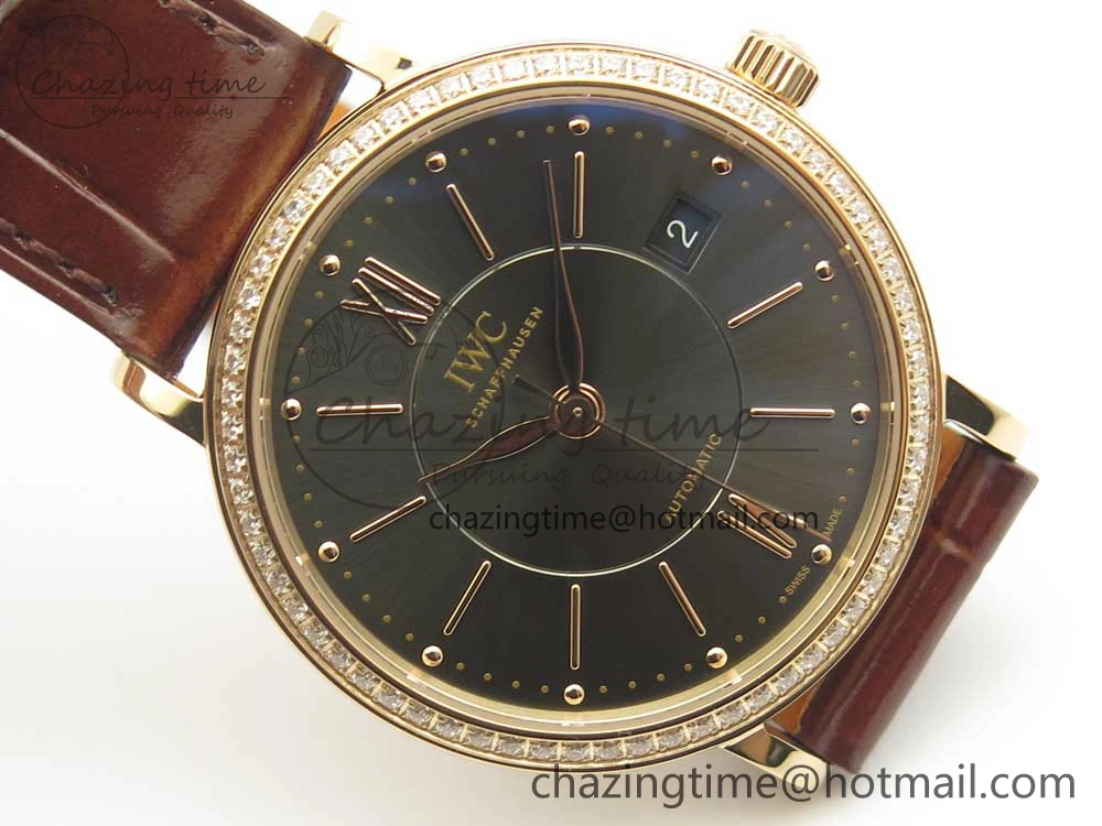 Portofino IW458101 Diamond Bezel RG MK 1:1 Best Edition Gray Dial On Brown Leather Strap MIYOTA 9015