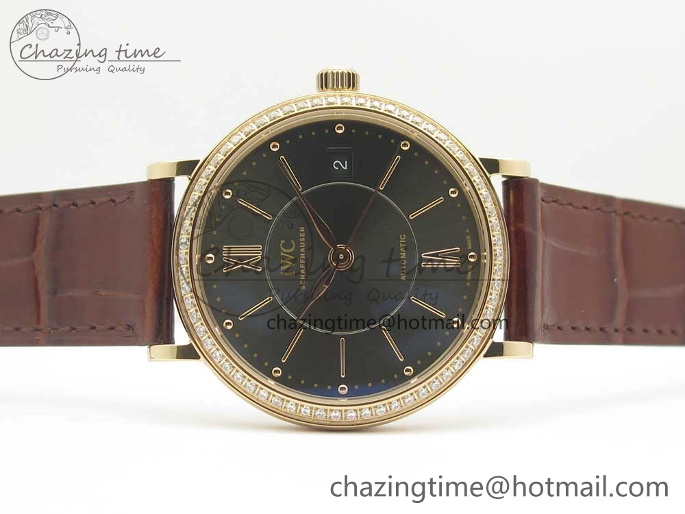 Portofino IW458101 Diamond Bezel RG MK 1:1 Best Edition Gray Dial On Brown Leather Strap MIYOTA 9015