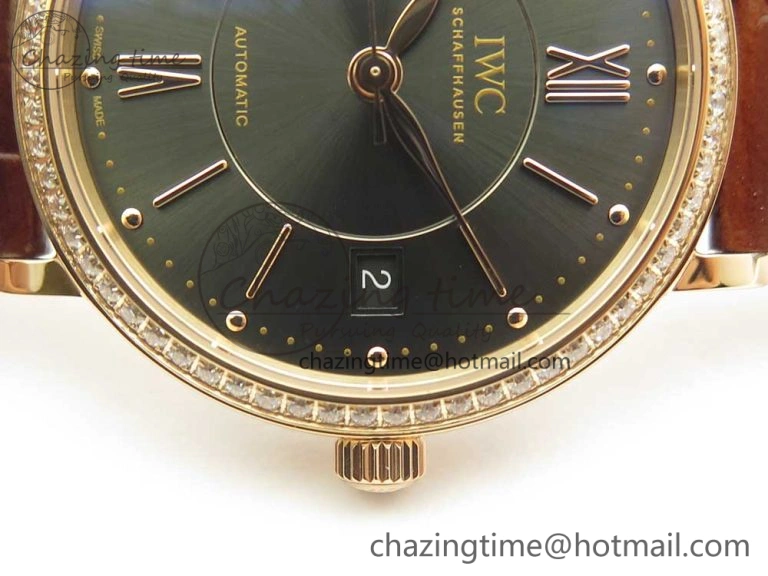 Portofino IW458101 Diamond Bezel RG MK 1:1 Best Edition Gray Dial On Brown Leather Strap MIYOTA 9015