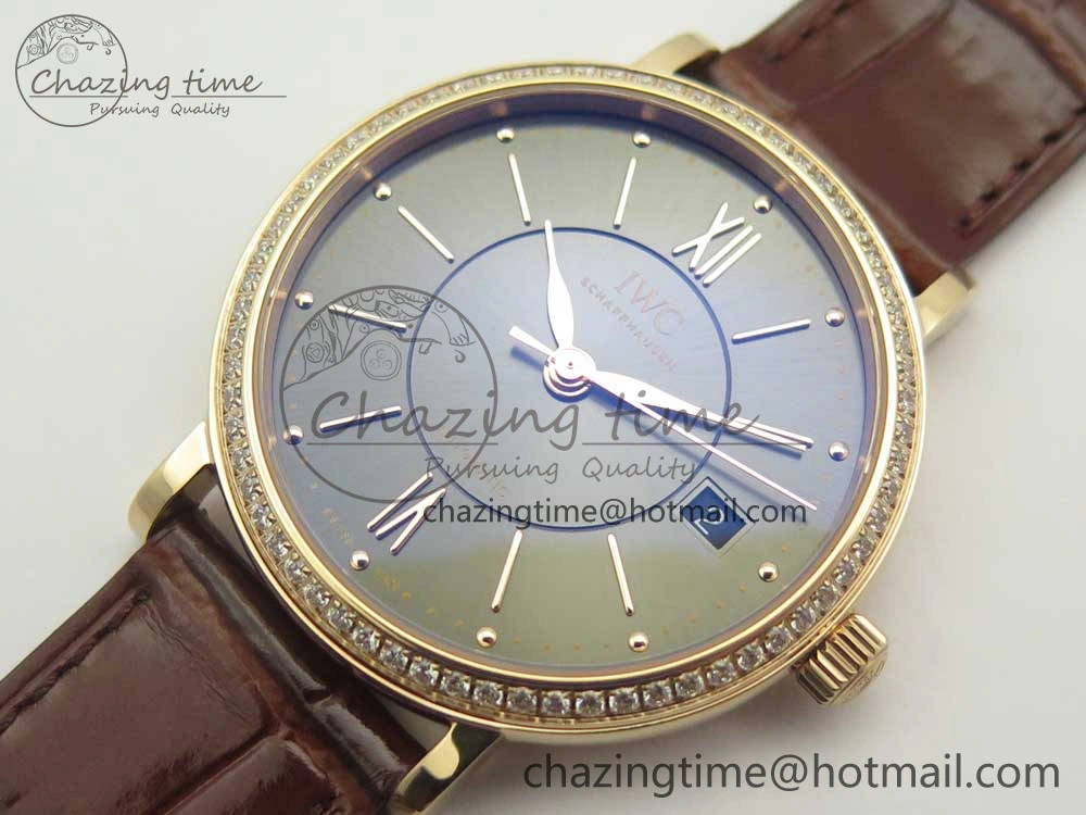 Portofino IW458101 Diamond Bezel RG MK 1:1 Best Edition Gray Dial On Brown Leather Strap MIYOTA 9015