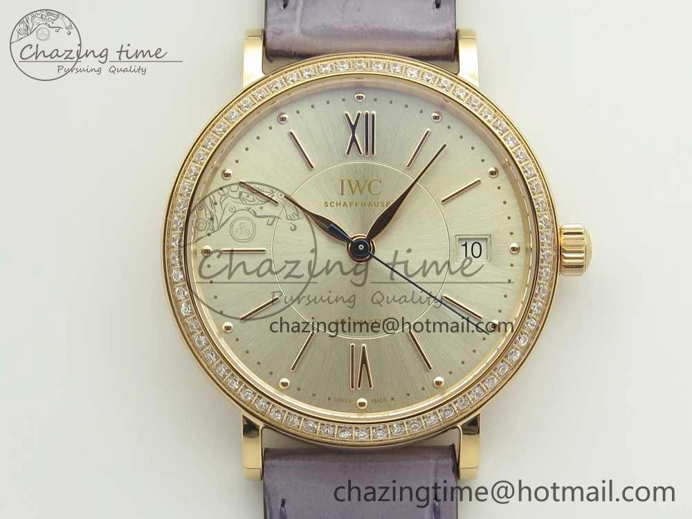 Portofino IW458101 Diamond Bezel RG MK 1:1 Best Edition Silver Dial On Purple Leather Strap MIYOTA 9015