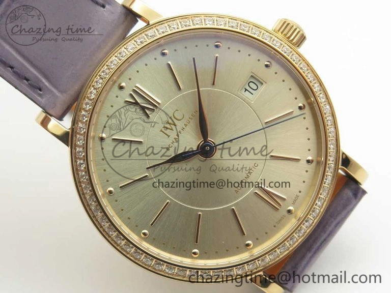 Portofino IW458101 Diamond Bezel RG MK 1:1 Best Edition Silver Dial On Purple Leather Strap MIYOTA 9015