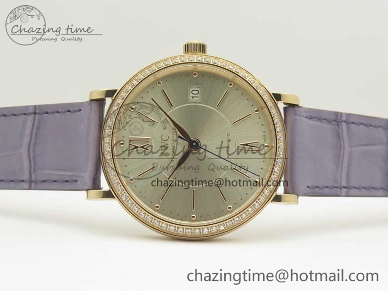 Portofino IW458101 Diamond Bezel RG MK 1:1 Best Edition Silver Dial On Purple Leather Strap MIYOTA 9015
