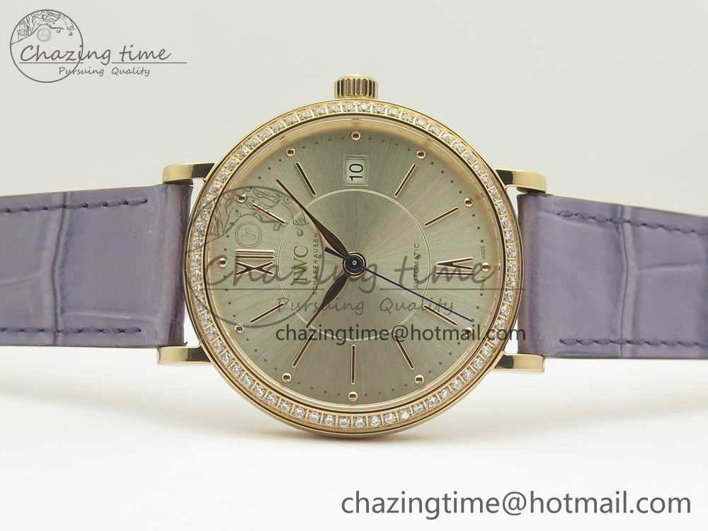 Portofino IW458101 Diamond Bezel RG MK 1:1 Best Edition Silver Dial On Purple Leather Strap MIYOTA 9015