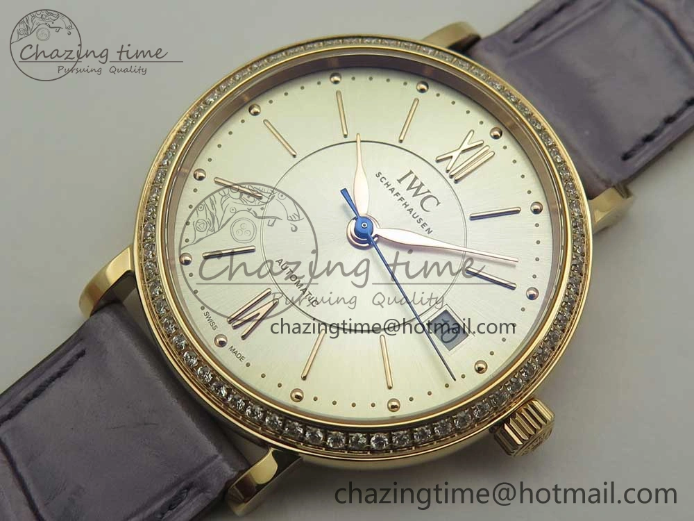 Portofino IW458101 Diamond Bezel RG MK 1:1 Best Edition Silver Dial On Purple Leather Strap MIYOTA 9015