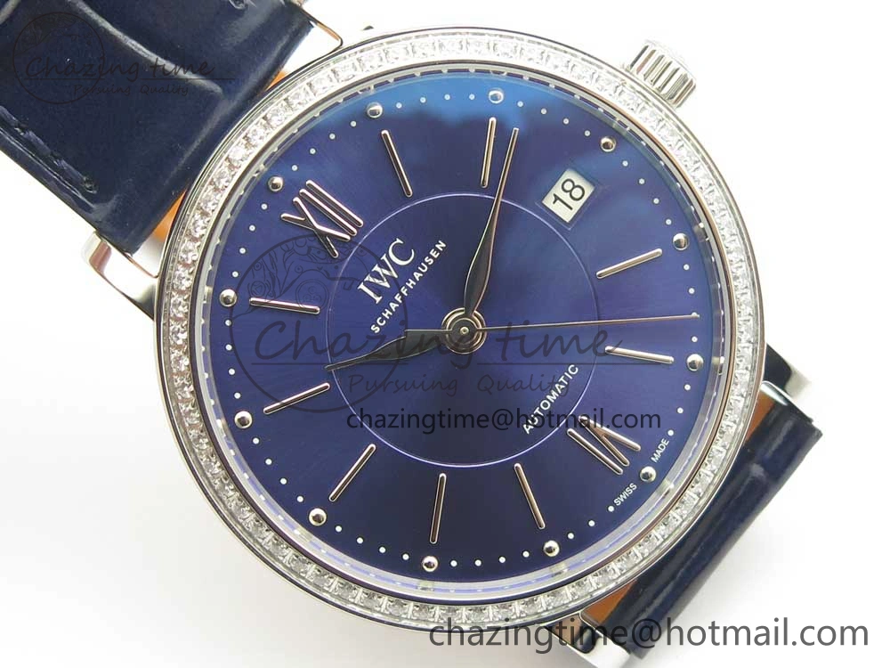 Portofino IW458101 Diamond Bezel SS MK 1:1 Best Edition Blue Dial On Blue Leather Strap MIYOTA 9015