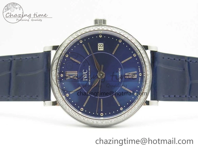 Portofino IW458101 Diamond Bezel SS MK 1:1 Best Edition Blue Dial On Blue Leather Strap MIYOTA 9015