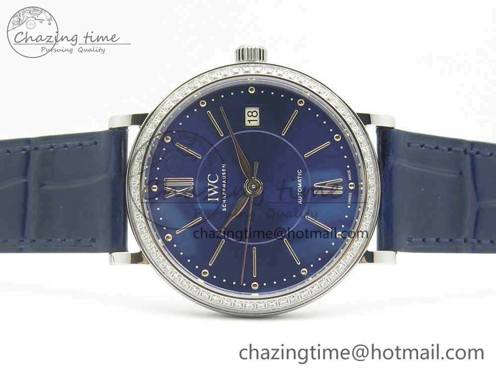 Portofino IW458101 Diamond Bezel SS MK 1:1 Best Edition Blue Dial On Blue Leather Strap MIYOTA 9015