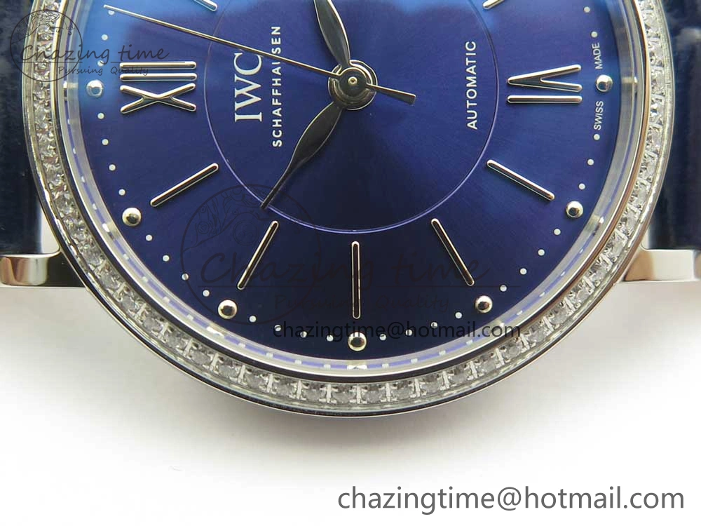 Portofino IW458101 Diamond Bezel SS MK 1:1 Best Edition Blue Dial On Blue Leather Strap MIYOTA 9015