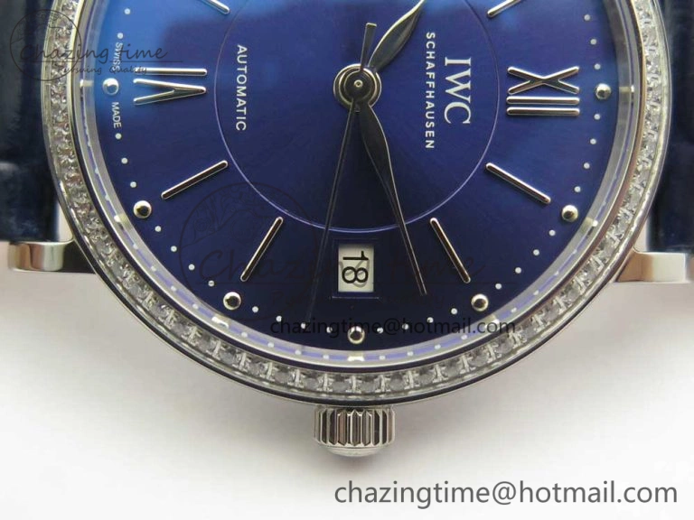 Portofino IW458101 Diamond Bezel SS MK 1:1 Best Edition Blue Dial On Blue Leather Strap MIYOTA 9015