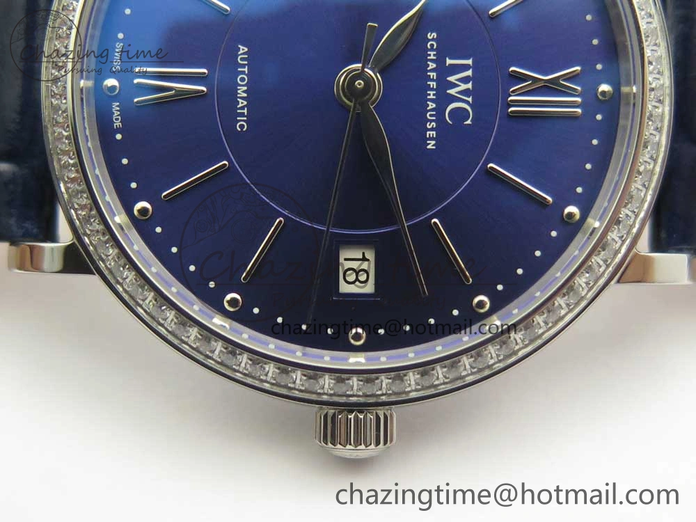Portofino IW458101 Diamond Bezel SS MK 1:1 Best Edition Blue Dial On Blue Leather Strap MIYOTA 9015