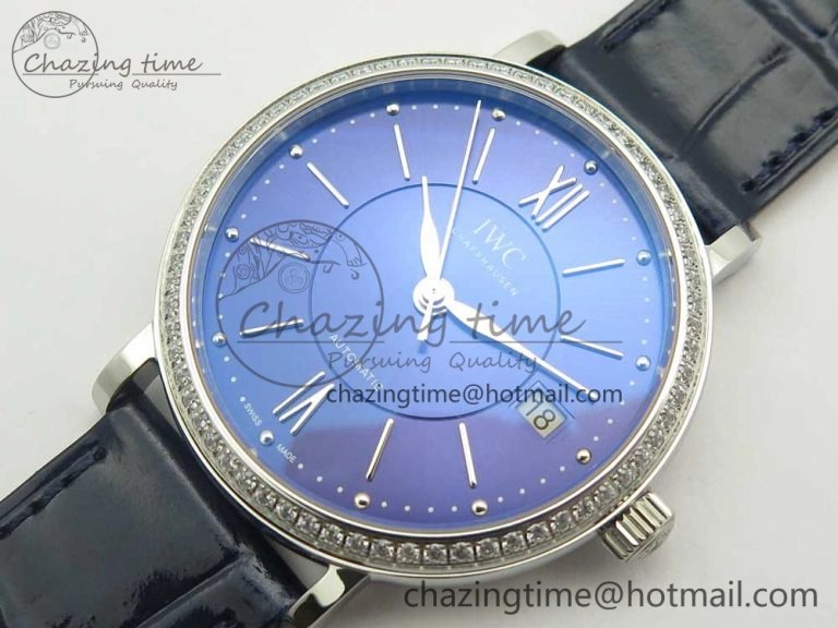Portofino IW458101 Diamond Bezel SS MK 1:1 Best Edition Blue Dial On Blue Leather Strap MIYOTA 9015