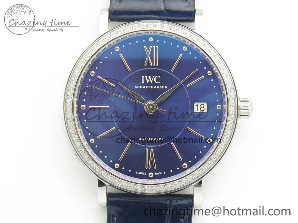 Portofino IW458101 Diamond Bezel SS MK 1:1 Best Edition Blue Dial On Blue Leather Strap MIYOTA 9015