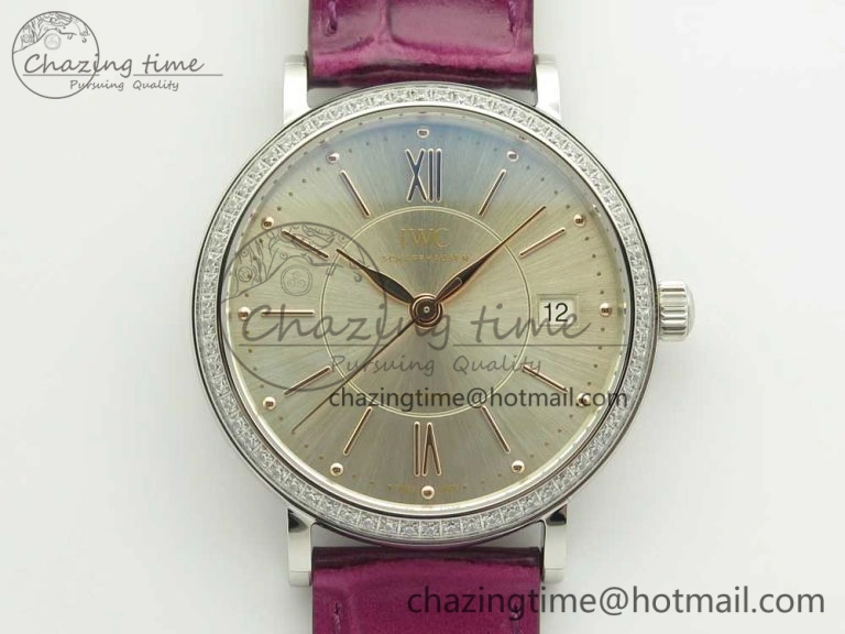 Portofino IW458101 Diamond Bezel SS MK 1:1 Best Edition Silver Dial On Purple Leather Strap MIYOTA 9015