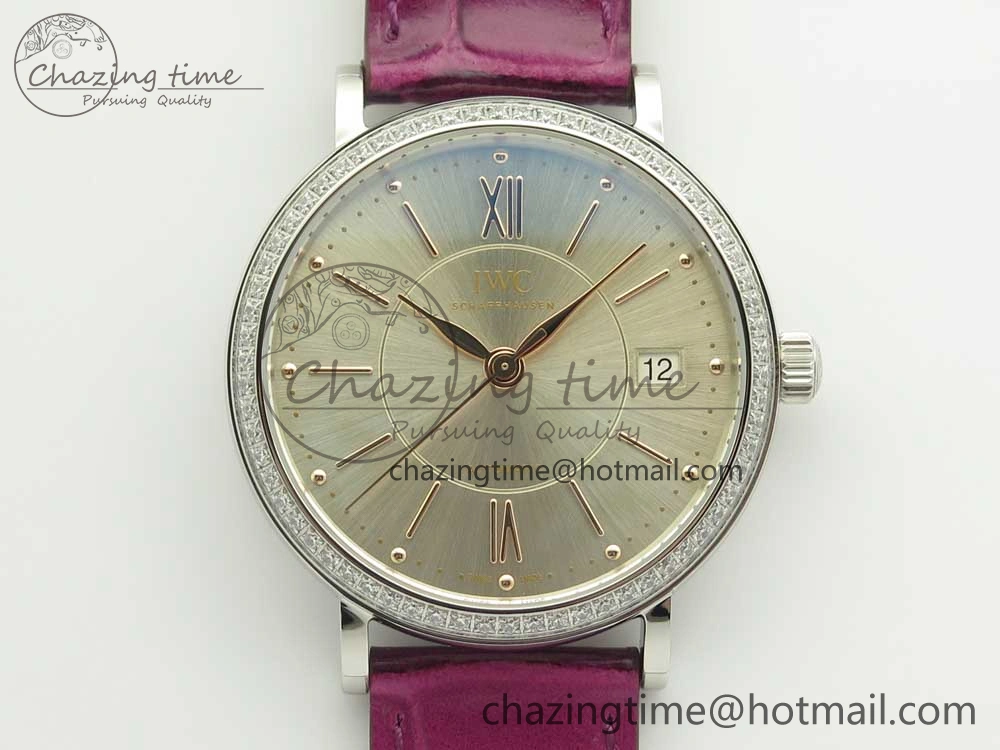 Portofino IW458101 Diamond Bezel SS MK 1:1 Best Edition Silver Dial On Purple Leather Strap MIYOTA 9015