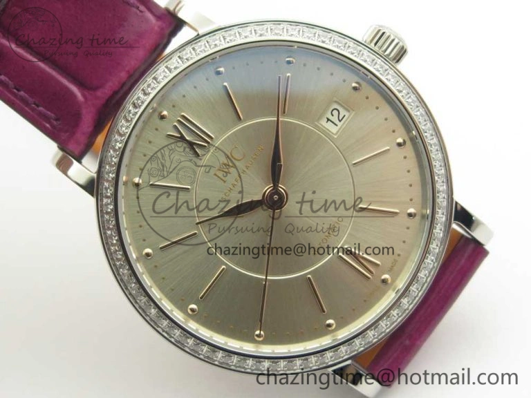 Portofino IW458101 Diamond Bezel SS MK 1:1 Best Edition Silver Dial On Purple Leather Strap MIYOTA 9015